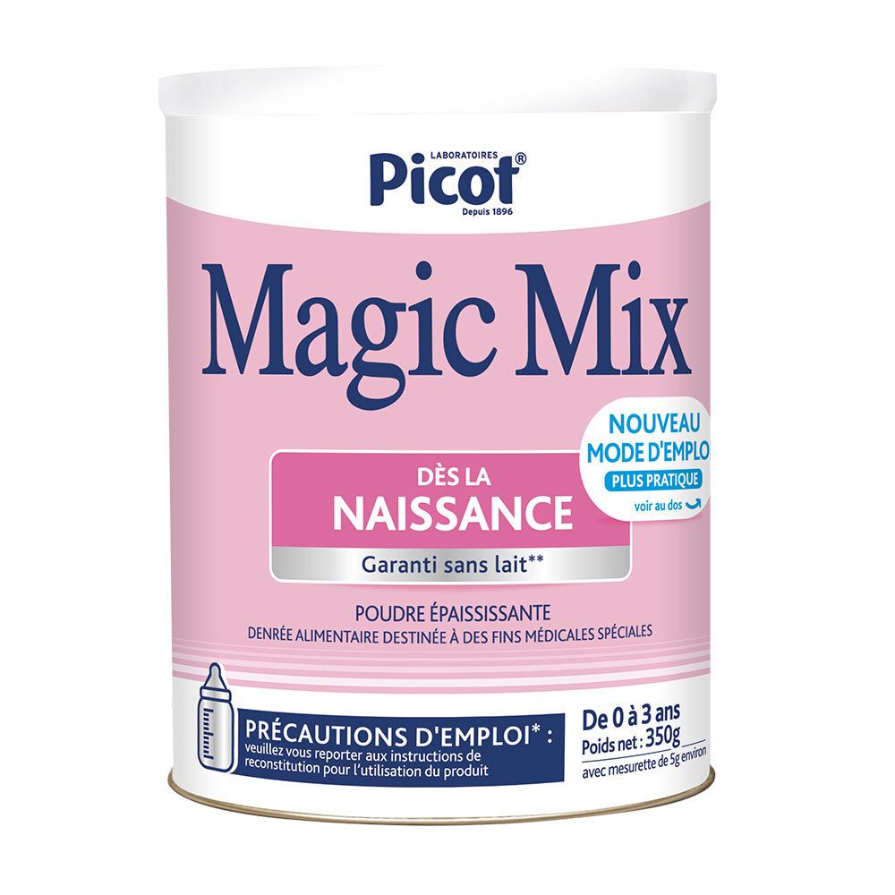 Boîte rose "Picot Magic Mix". Texte: "Dès la naissance". Pour 0-3 ans. Contenu: 350g. Sans lait.