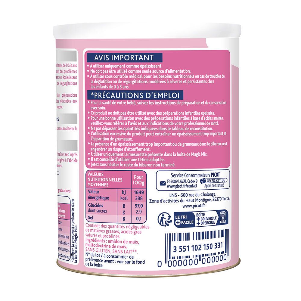 Dos de la boîte. Avis importants. Informations nutritionnelles pour 100g. Texte: "Magic Mix".