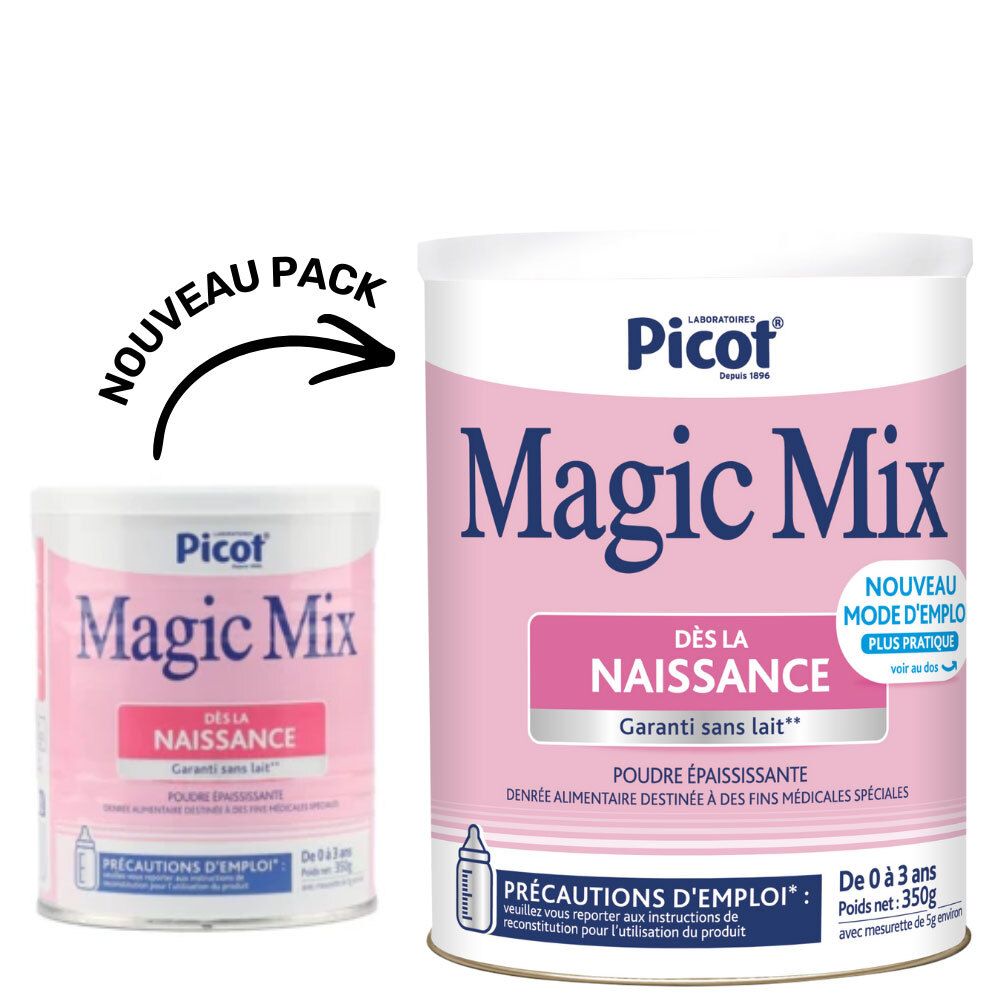 Deux boîtes "Picot Magic Mix". Une petite et une grande boîte. Texte: "Dès la naissance".