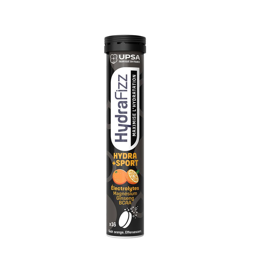 Tube cylindrique de comprimés effervescents. Inscription: HydraFizz Hydra + Sport, illustration d'orange, ingrédients. Marque UPSA.