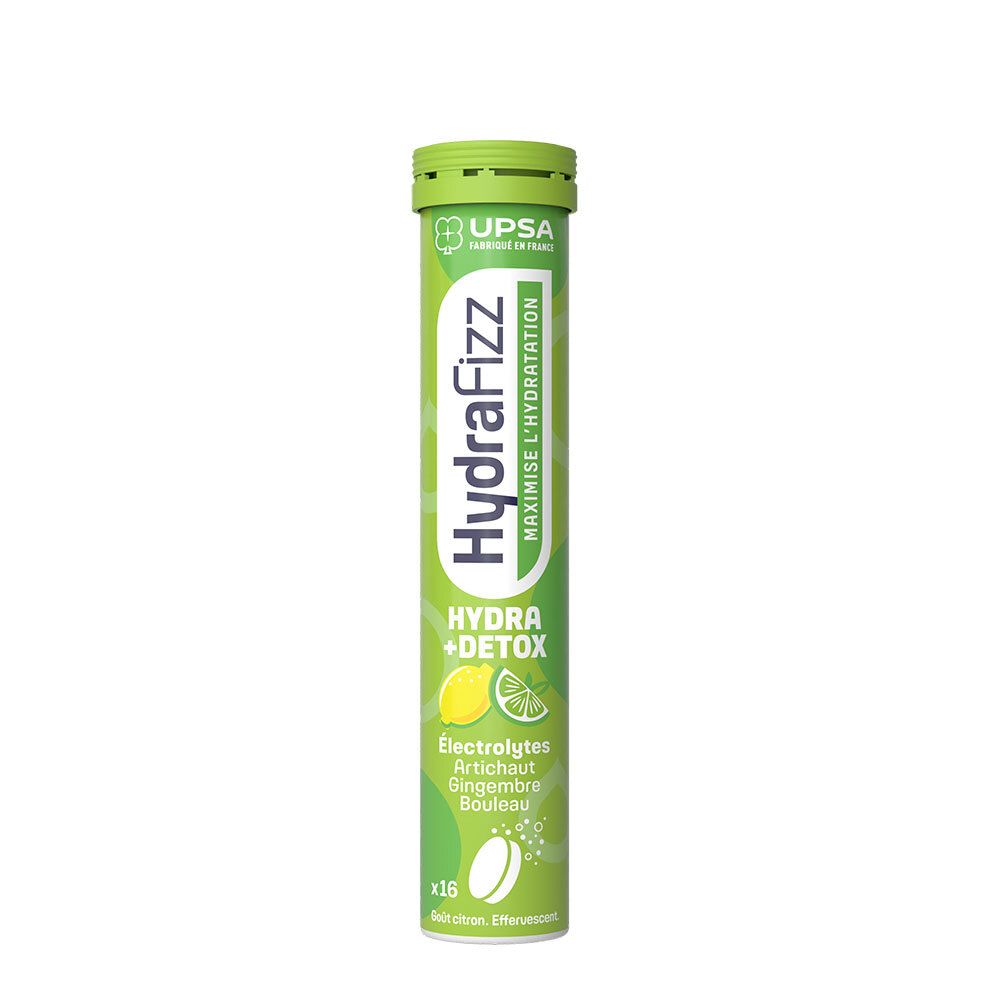 Tube vert HydraFizz. Contient 16 comprimés effervescents. Inscriptions: Hydra + Détox, Électrolytes, Artichaut, Gingembre, Bouleau.