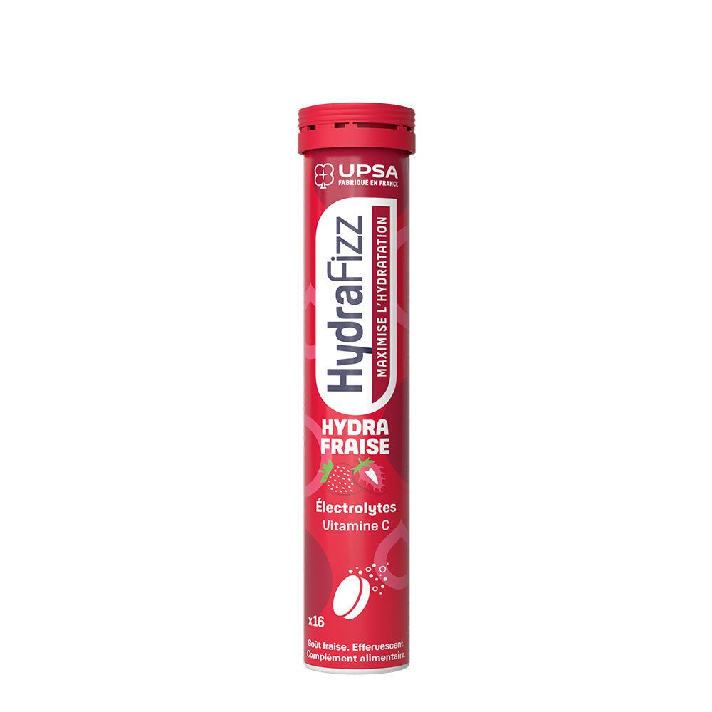 Emballage cylindrique rouge HydraFizz. Contient des comprimés effervescents. Inscriptions : HydraFizz, Hydra Fraise, Électrolytes, Vitamine C.