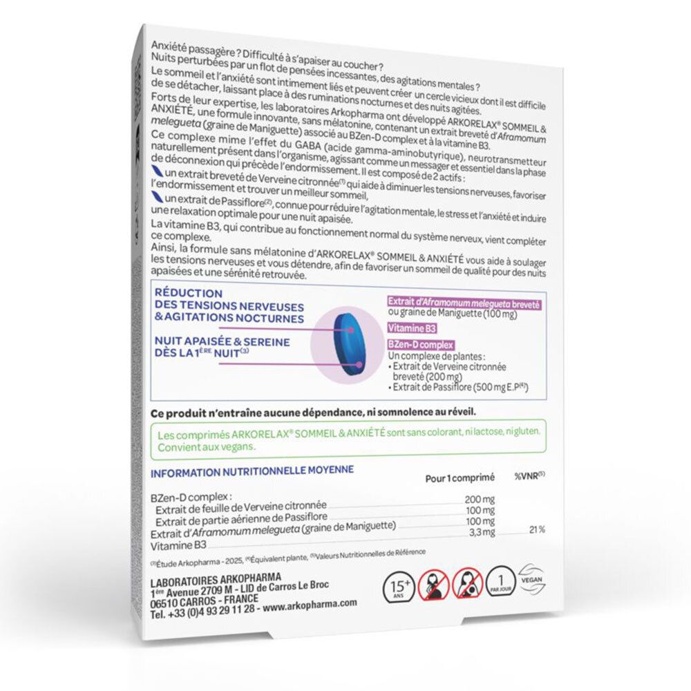 Dos de la boîte de comprimés. Texte sur les ingrédients et les informations nutritionnelles. Logo et coordonnées.
