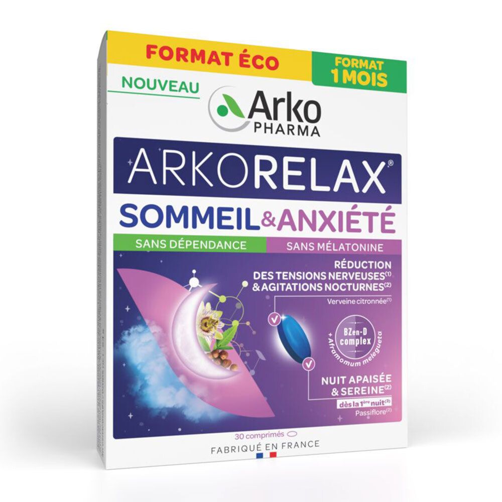Boîte Arkorelax Sommeil & Anxiété. Design vert et blanc. Contient 30 comprimés, fabriqué en France. Logo et nom du produit visibles.