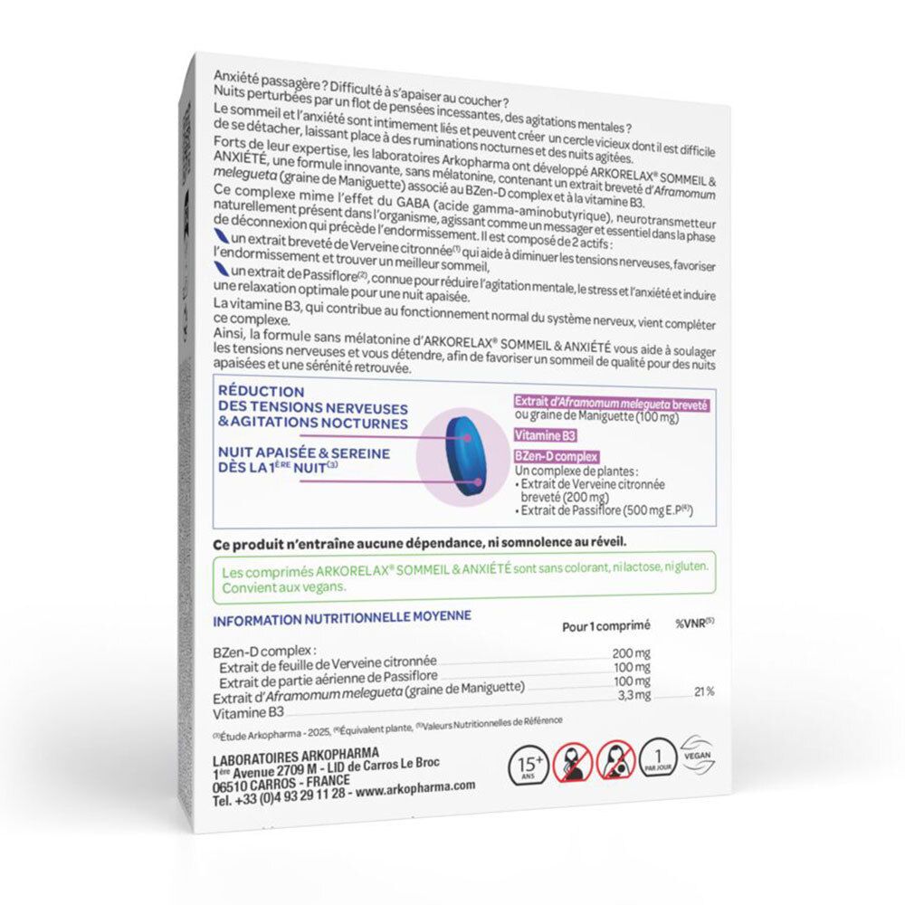 Dos de la boîte Arkorelax Sommeil & Anxiété. Texte en français. Ingrédients et informations nutritionnelles détaillées.