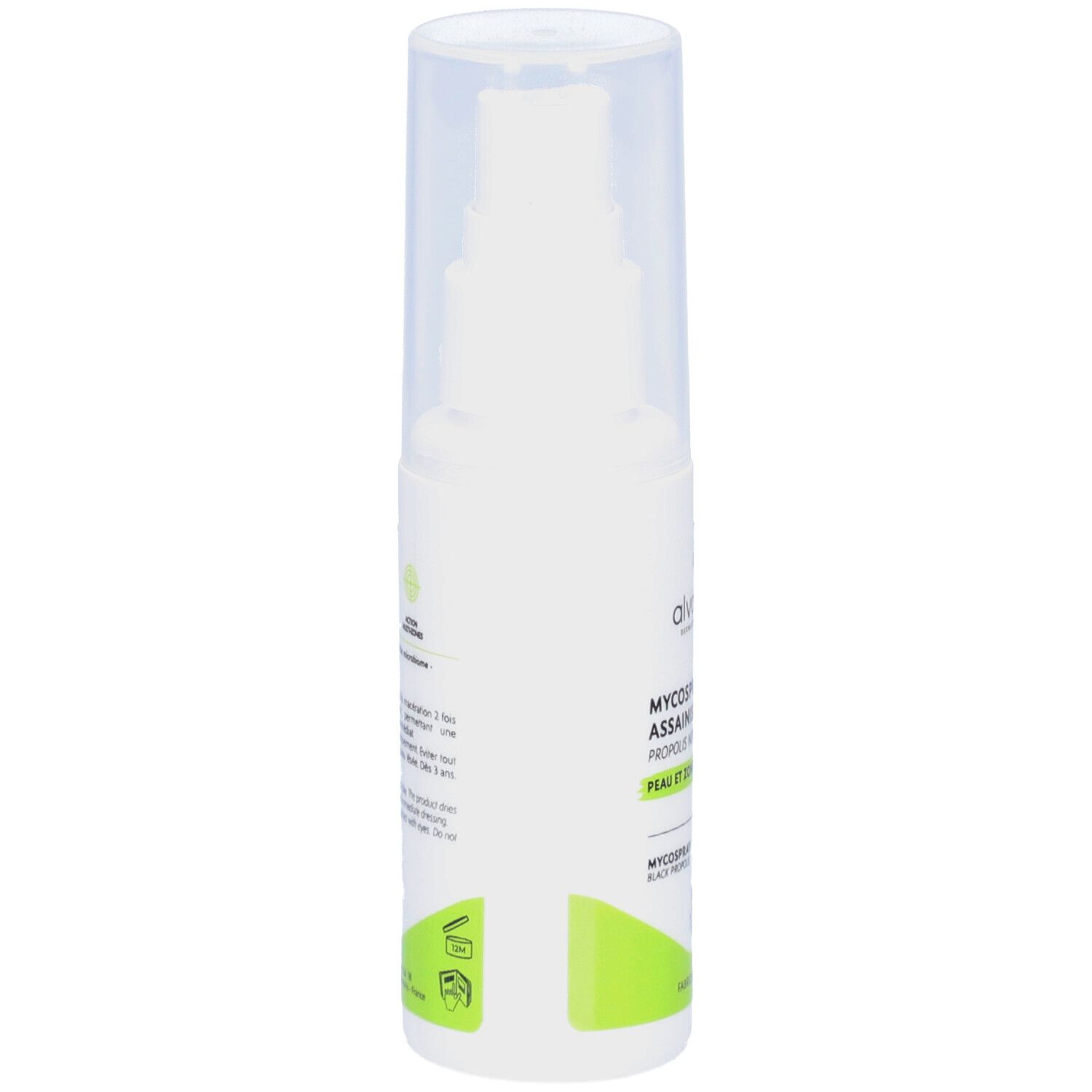 Spray blanc avec bouchon transparent. Texte et logos au dos. Bande verte en bas.