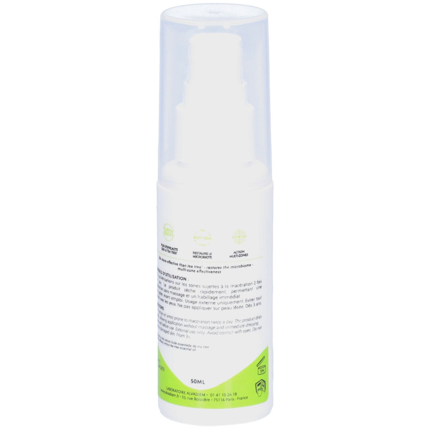 Spray blanc avec bouchon transparent. Texte et logos au dos. Bande verte en bas.