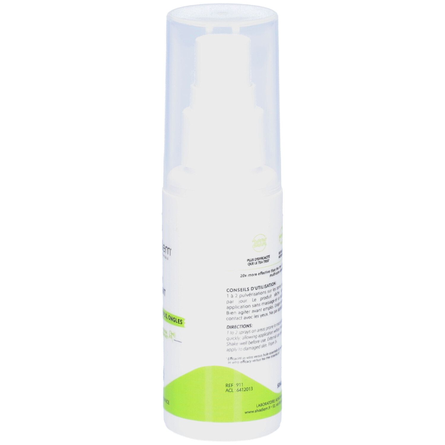 Spray blanc avec bouchon transparent. Texte et logos au dos. Bande verte en bas.