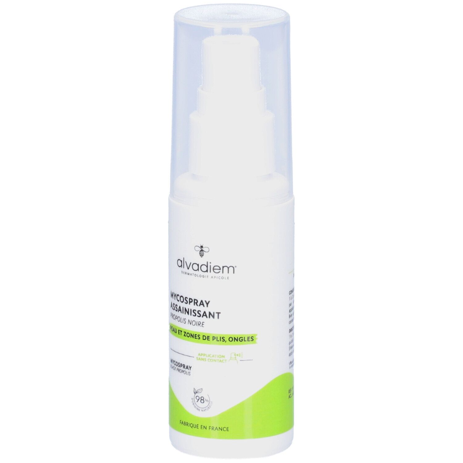 Spray blanc avec bouchon transparent. Inscription: alvadiem, MYCOSPRAY ASSAINISSANT, PROPOLIS NOIR, PEAU ET ZONES DE PLIS, ONGLES.