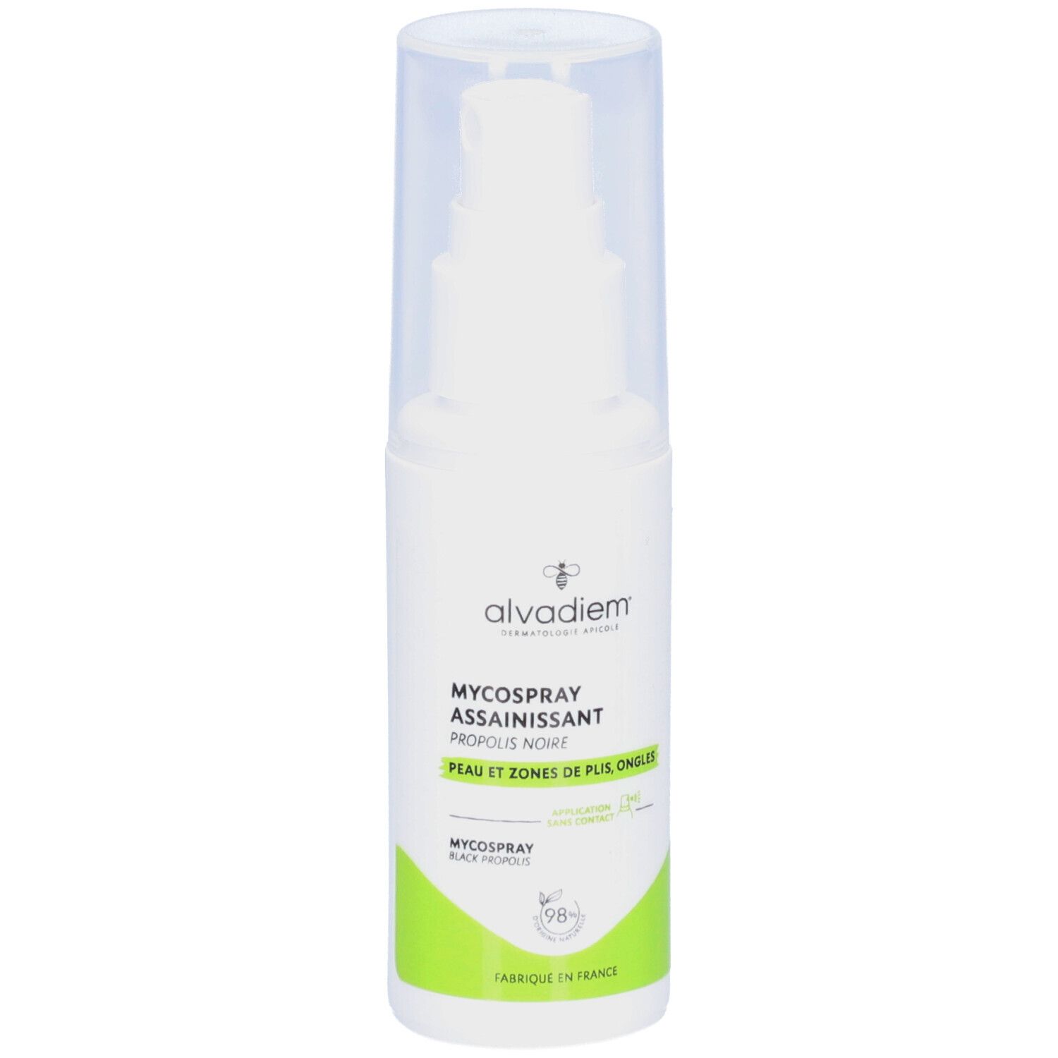 Spray blanc avec bouchon transparent. Inscription: alvadiem, MYCOSPRAY ASSAINISSANT, PROPOLIS NOIR, PEAU ET ZONES DE PLIS, ONGLES.