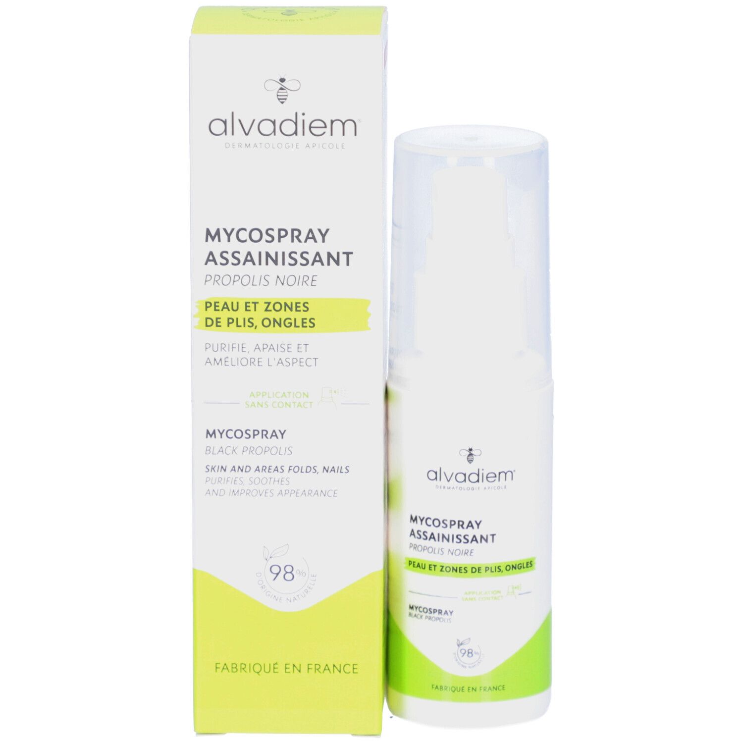 Produit et emballage. Inscription: alvadiem, MYCOSPRAY ASSAINISSANT, PROPOLIS NOIR, PEAU ET ZONES DE PLIS, ONGLES. Éléments verts et jaunes.