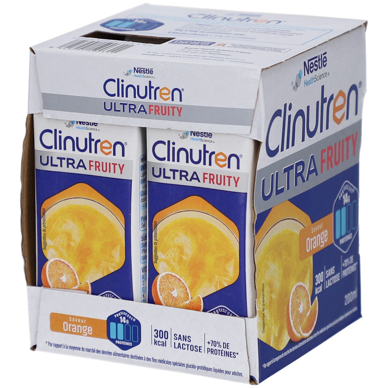 Carton de plusieurs Tetra Paks. Inscription: Clinutren Ultra Fruity Orange. Contient 14g protéines, 300 kcal, sans lactose, +70% protéines.