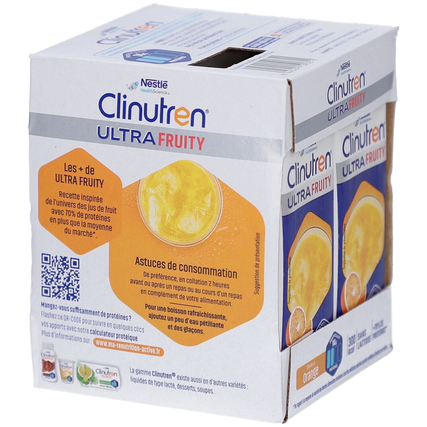 Carton avec Tetra Paks. Inscription: Clinutren Ultra Fruity Orange. Texte et QR code. Conseils d'utilisation. Différentes saveurs.