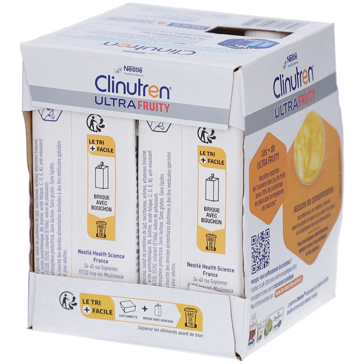 Carton avec Tetra Paks. Inscription: Clinutren Ultra Fruity Orange. Texte: Brique avec bouchon. Nestlé Health Science. Informations de tri.