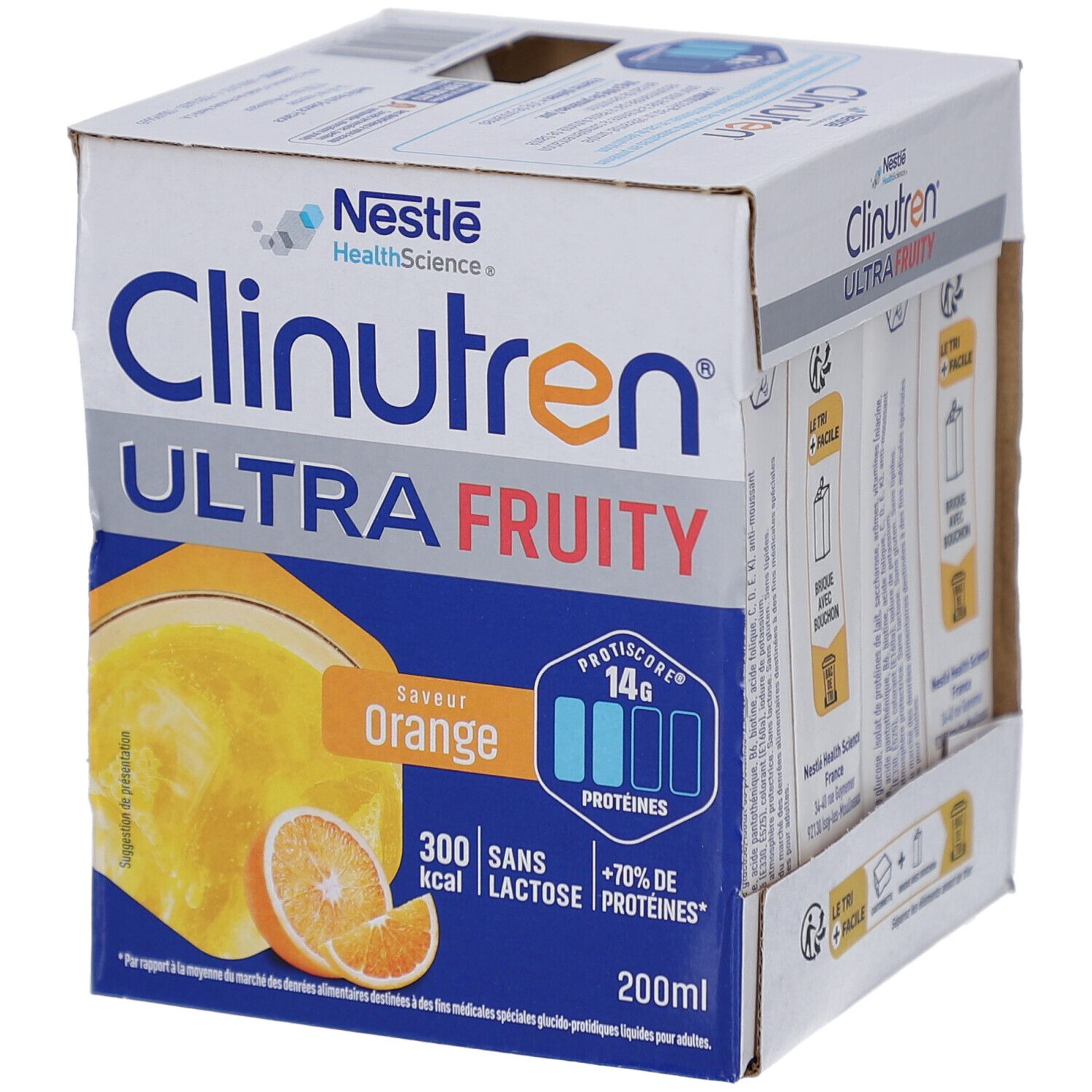 Carton avec Tetra Paks. Inscription: Clinutren Ultra Fruity Orange. Contient 14g protéines, 300 kcal, sans lactose, +70% protéines. 200ml.