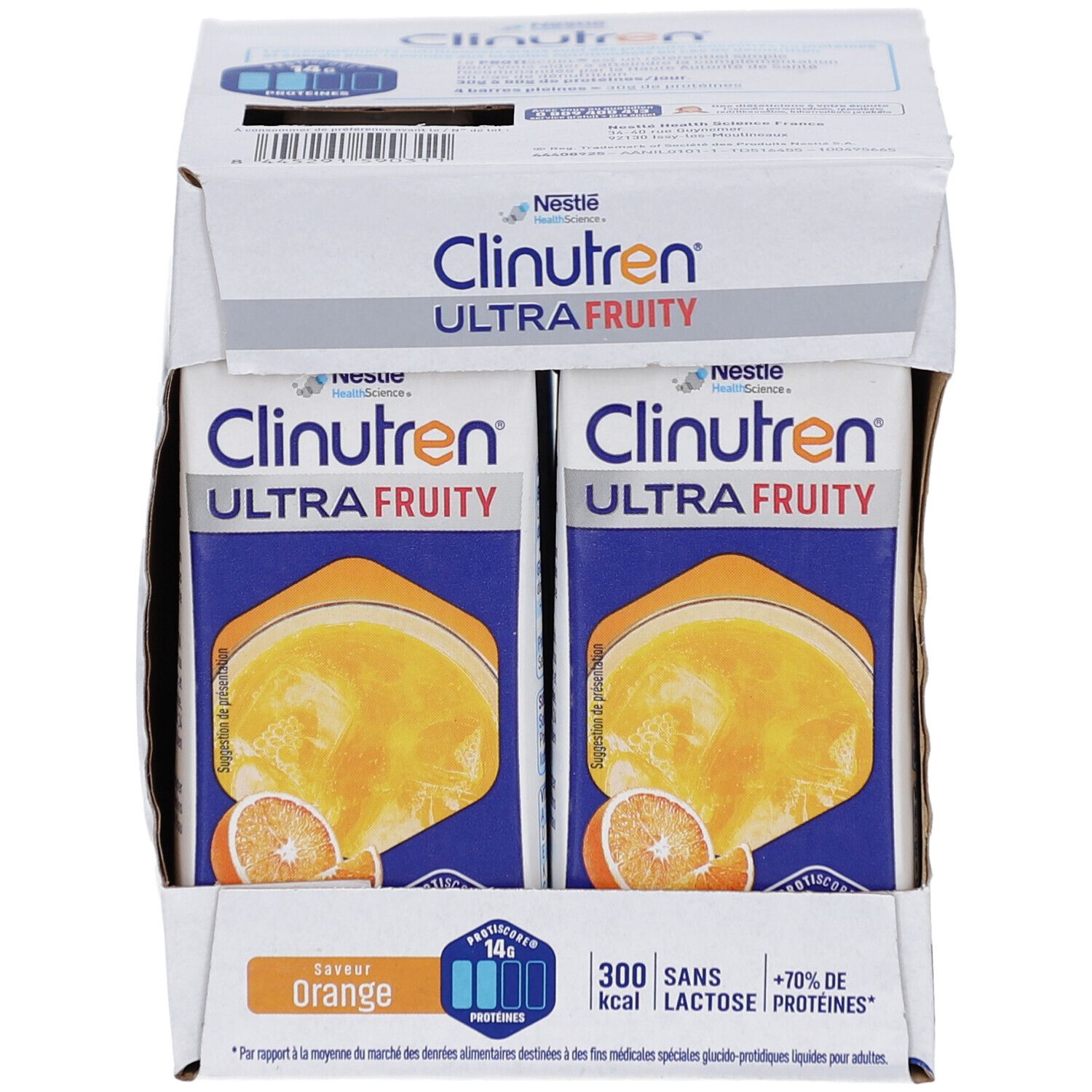 Carton avec Tetra Paks. Inscription: Clinutren Ultra Fruity Orange. Contient 14g protéines, 300 kcal, sans lactose, +70% protéines.