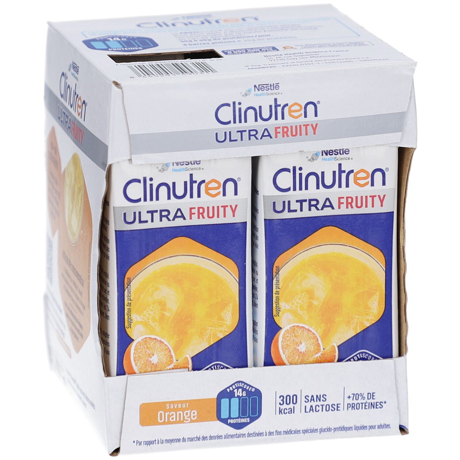 Carton avec Tetra Paks. Inscription: Clinutren Ultra Fruity Orange. Contient 14g protéines, 300 kcal, sans lactose, +70% protéines.