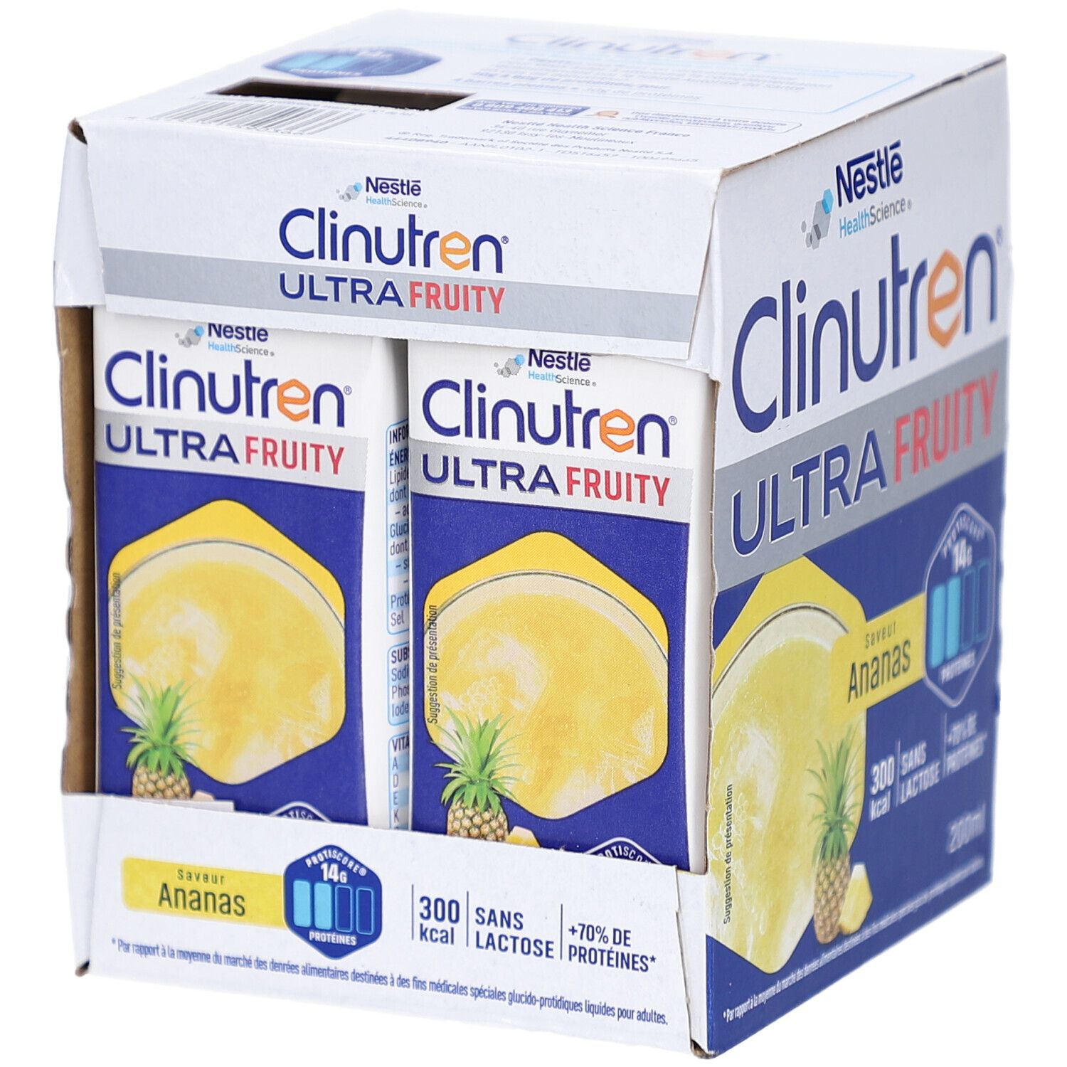 Emballage carton avec packs Clinutren Ultra Fruity Ananas. Plusieurs briques visibles.