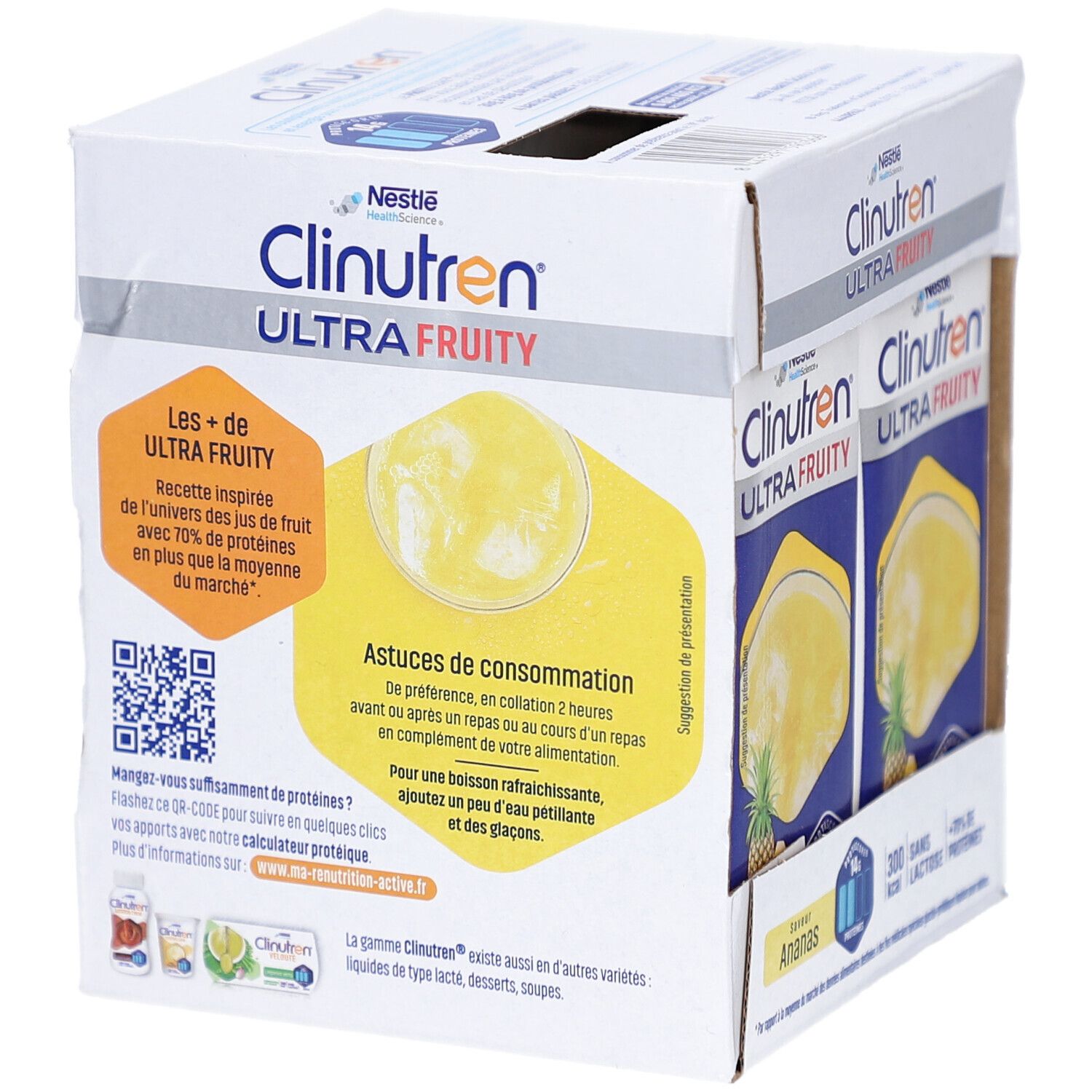 Emballage carton Clinutren Ultra Fruity Ananas. Informations produit et code QR.