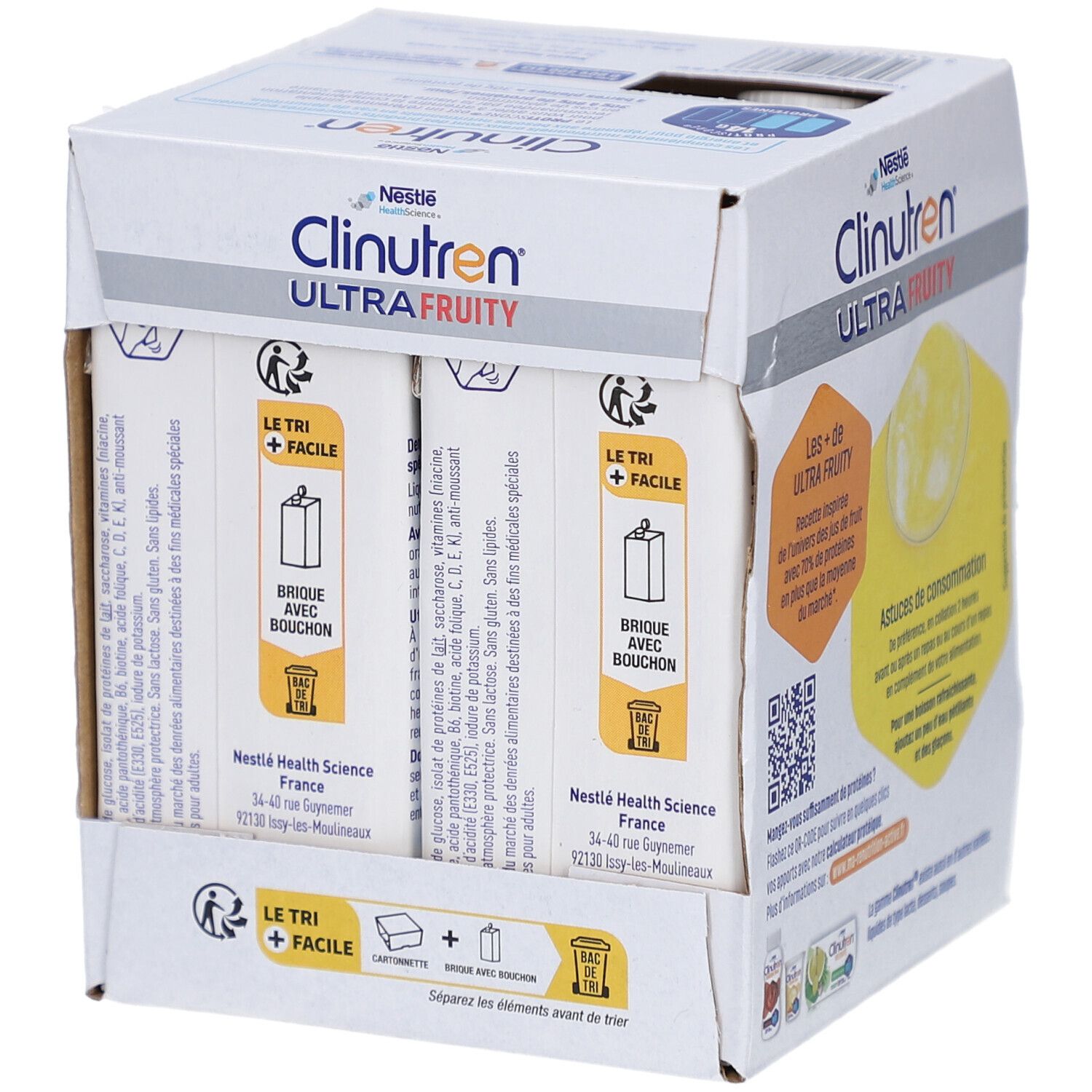 Emballage carton avec packs Clinutren Ultra Fruity Ananas. Packs avec symbole de paille.