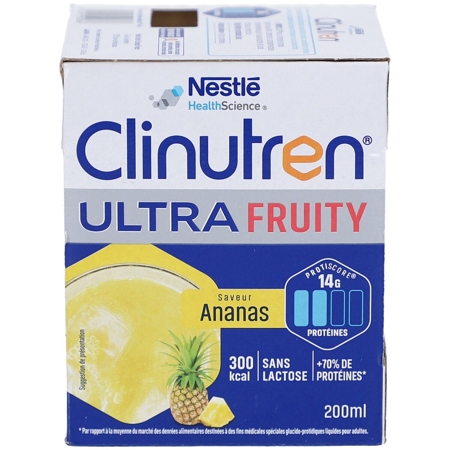 Emballage carton Clinutren Ultra Fruity Ananas. Informations produit et illustration d'ananas.