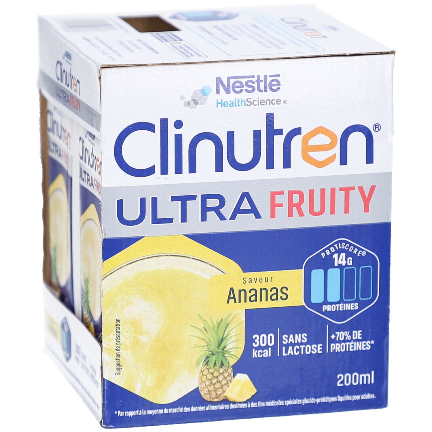 Emballage carton Clinutren Ultra Fruity Ananas. Informations produit et illustration d'ananas.