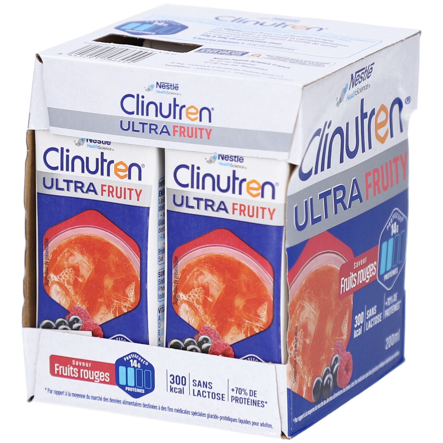 Carton de Clinutren Ultra Fruity. Inscription: Fruits rouges, 300 kcal, sans lactose, +70% protéines. Emballages individuels.