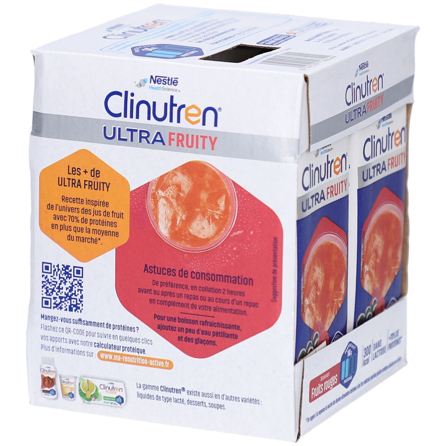 Carton de Clinutren Ultra Fruity. Inscription: Fruits, code QR, conseils d'utilisation. Emballages individuels avec image de fruits.