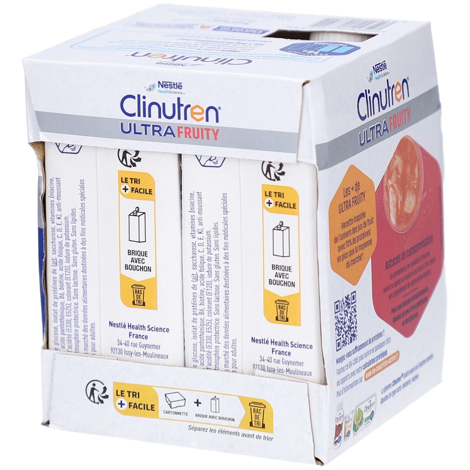 Carton de Clinutren Ultra Fruity. Inscription: Brique avec bouchon, facile à trier. Emballages individuels avec image de fruits.