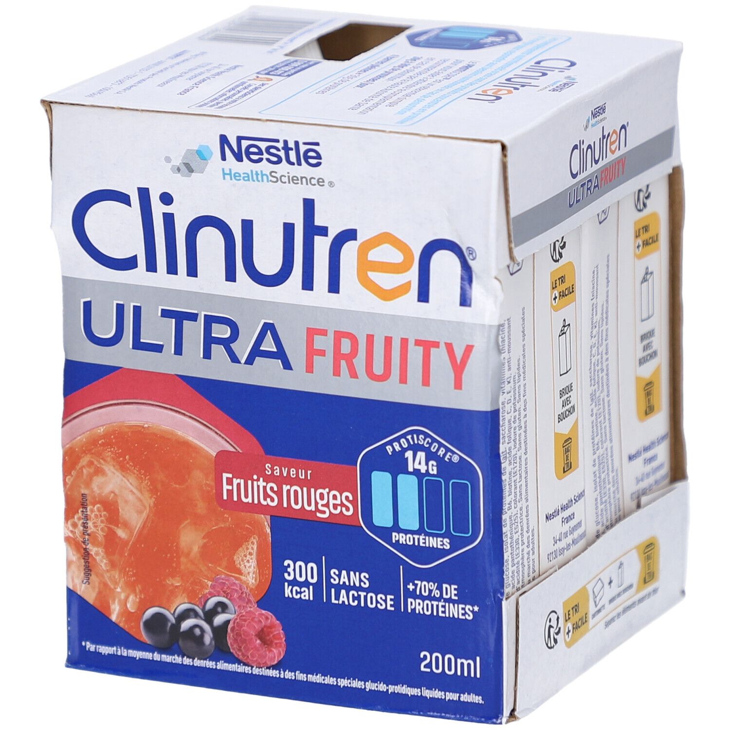 Emballage individuel Clinutren Ultra Fruity. Inscription: Fruits rouges, 14g protéines, 300 kcal, sans lactose, +70% protéines. 200ml.