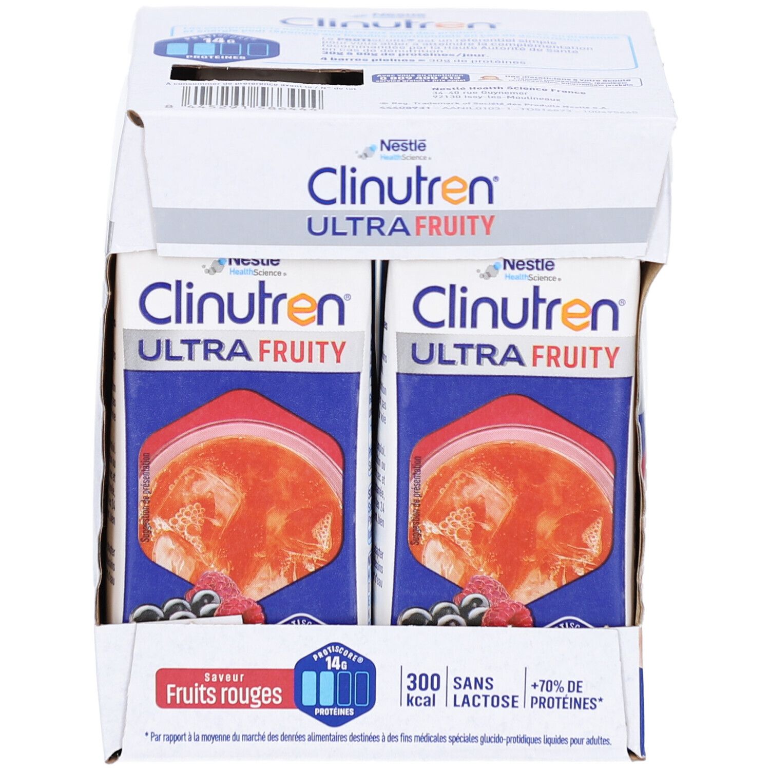 Carton de Clinutren Ultra Fruity. Inscription: Fruits rouges, 14g protéines, 300 kcal, sans lactose, +70% protéines. Emballages individuels.