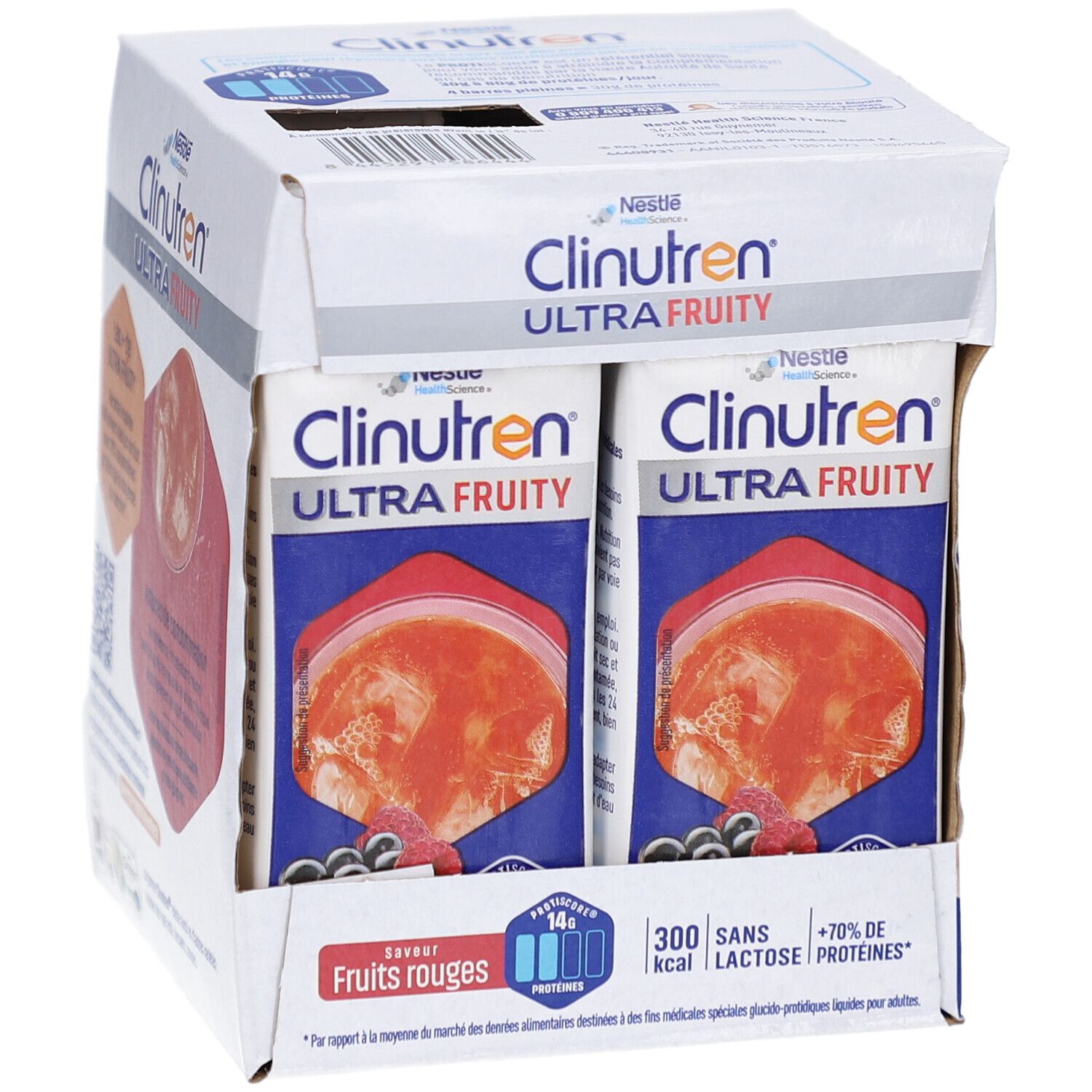 Carton de Clinutren Ultra Fruity. Inscription: Fruits rouges, 14g protéines, 300 kcal, sans lactose, +70% protéines. Emballages individuels.