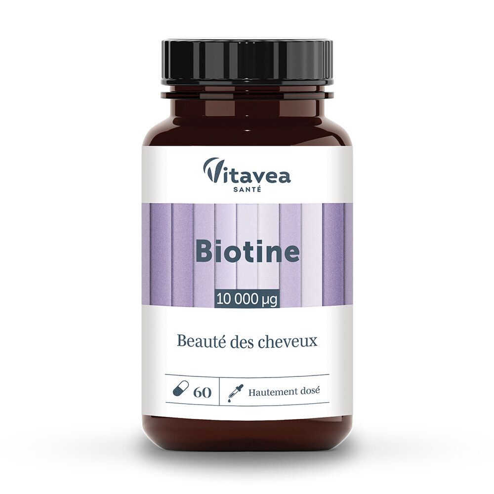 Flacon marron avec étiquette blanche. Inscription: Biotine 10 000 µg, 60 gélules. Marque: VitaVea Santé.