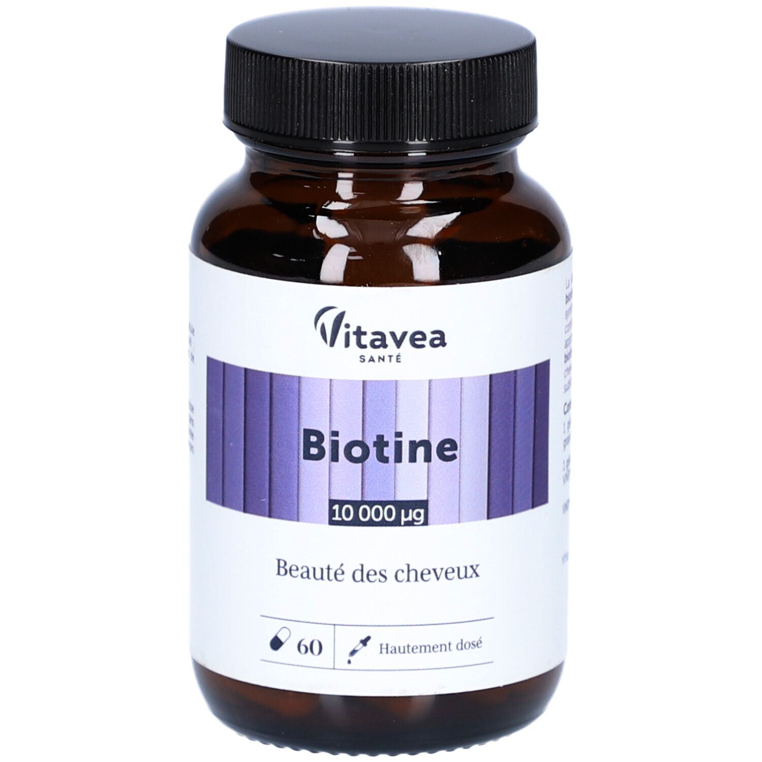 Flacon marron avec étiquette blanche. Inscription: Biotine 10 000 µg, 60 gélules. Marque: VitaVea Santé.