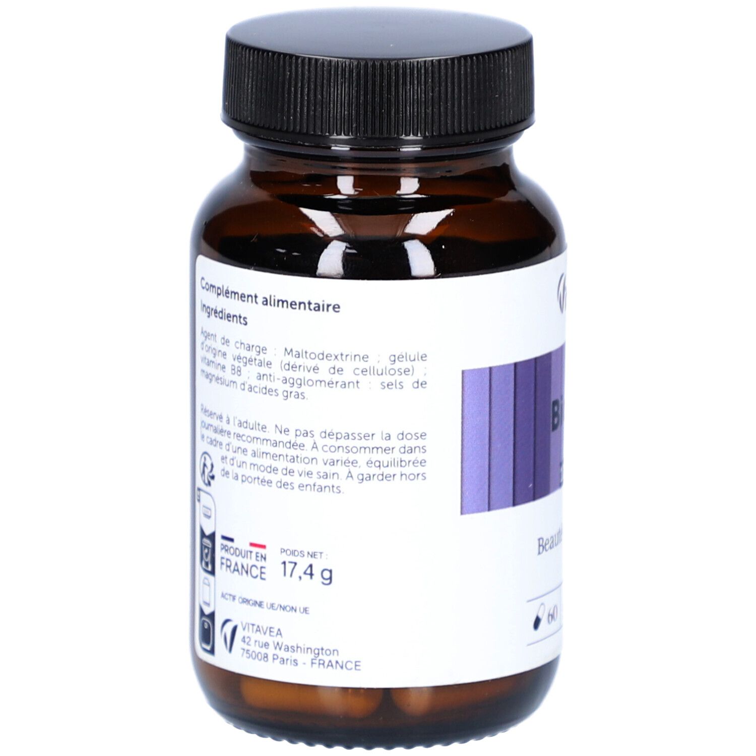 Dos du flacon. Texte: Ingrédients, origine France, 17,4 g. Marque: VitaVea Santé.