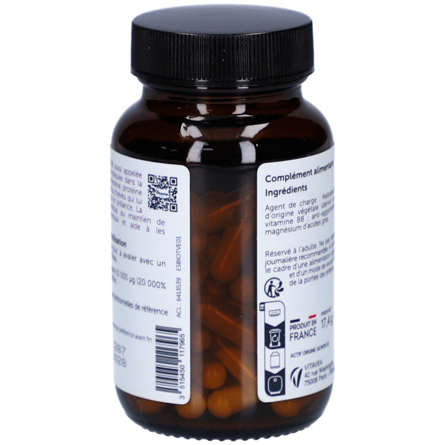 Dos du flacon. Texte: Ingrédients, QR code, origine France. Marque: VitaVea Santé.