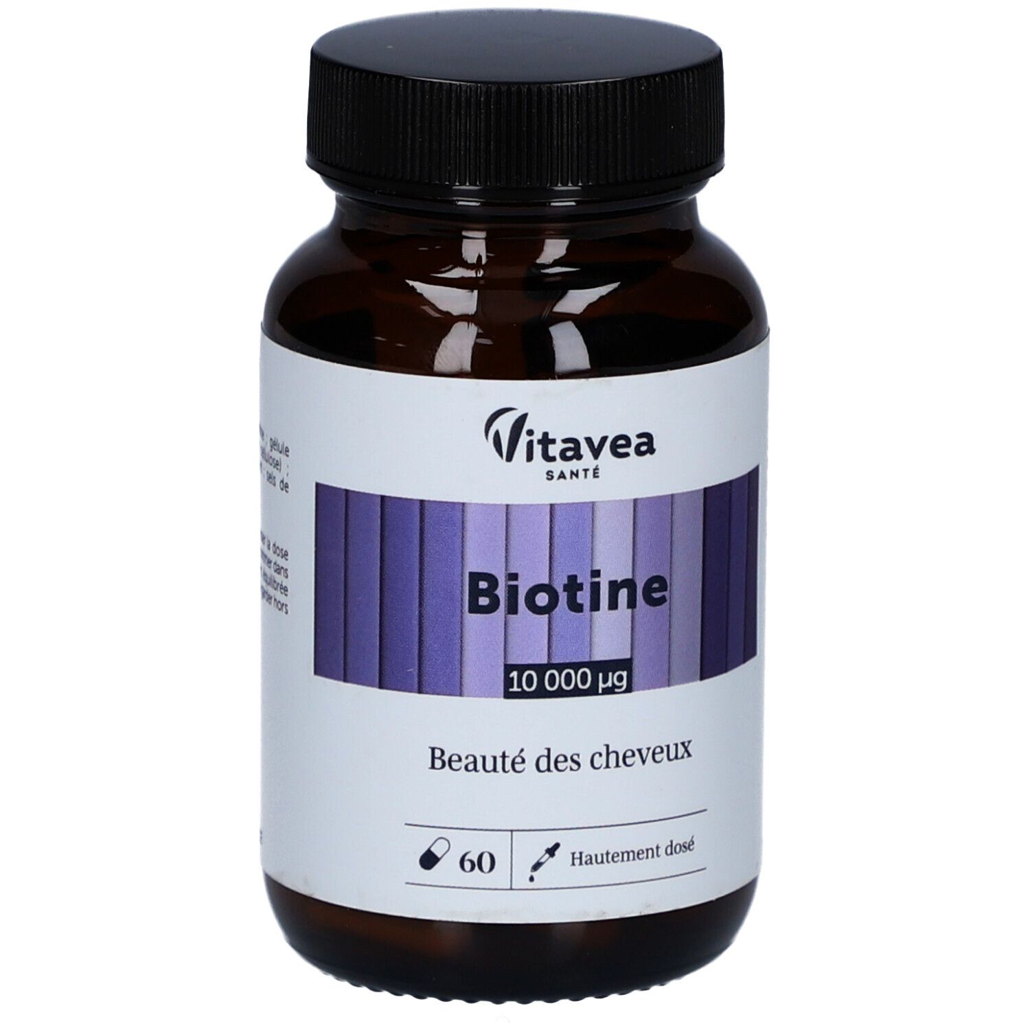 Flacon marron avec étiquette blanche. Inscription: Biotine 10 000 µg, 60 gélules. Marque: VitaVea Santé.
