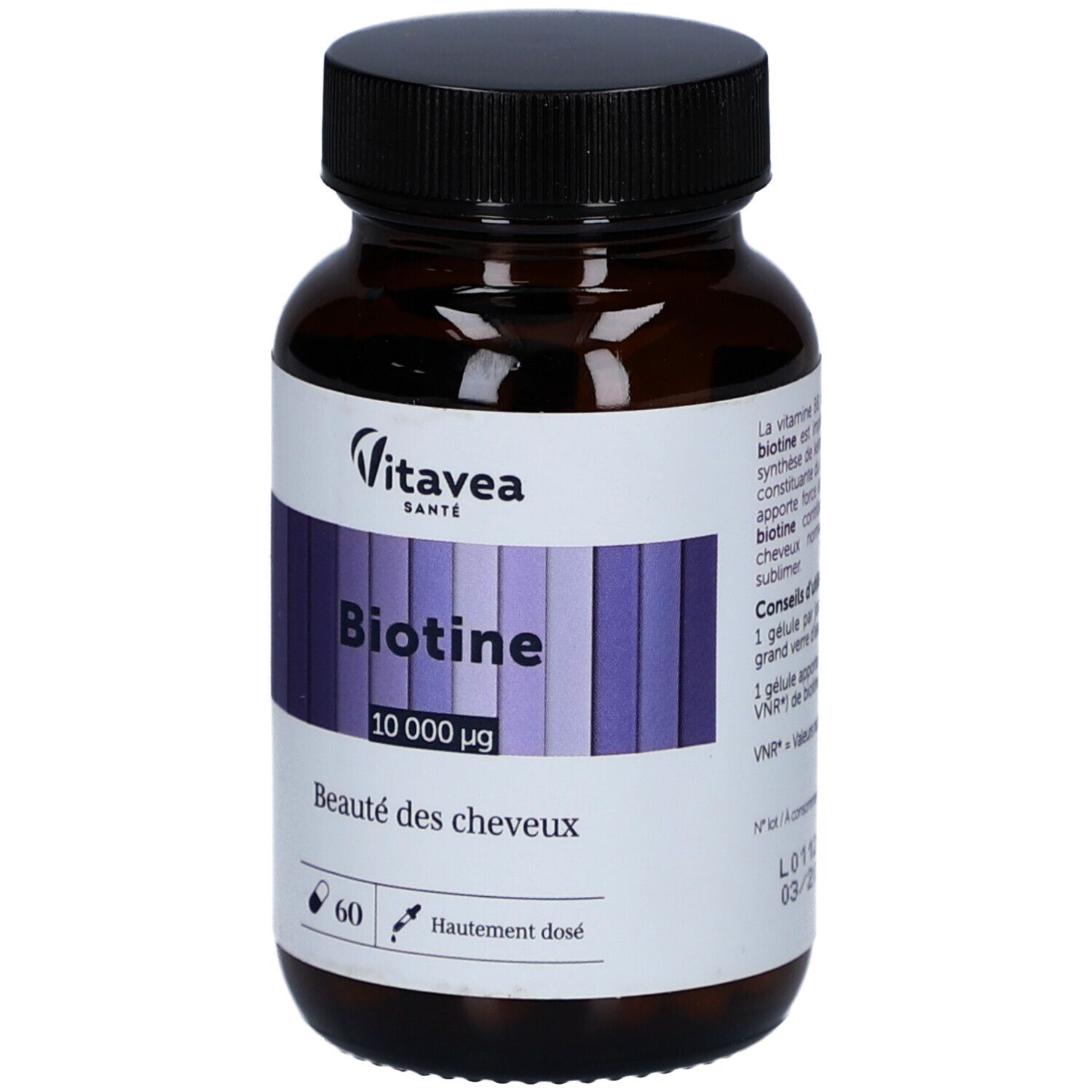Flacon marron avec étiquette blanche. Inscription: Biotine 10 000 µg, 60 gélules. Marque: VitaVea Santé.