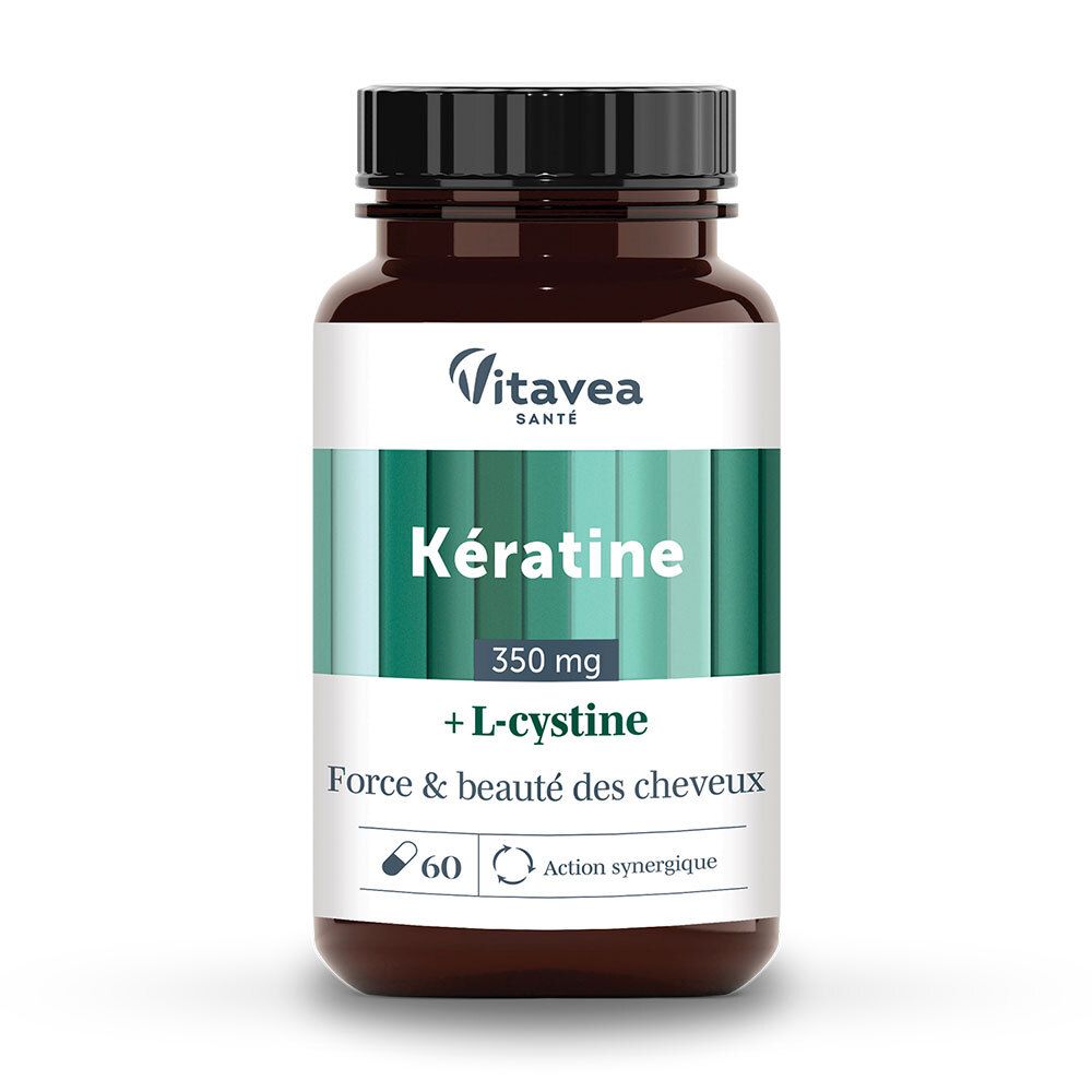 Flacon marron avec gélules. Inscription : Kératine, 350 mg, + L-cystine. Marque : VitaVea Santé.