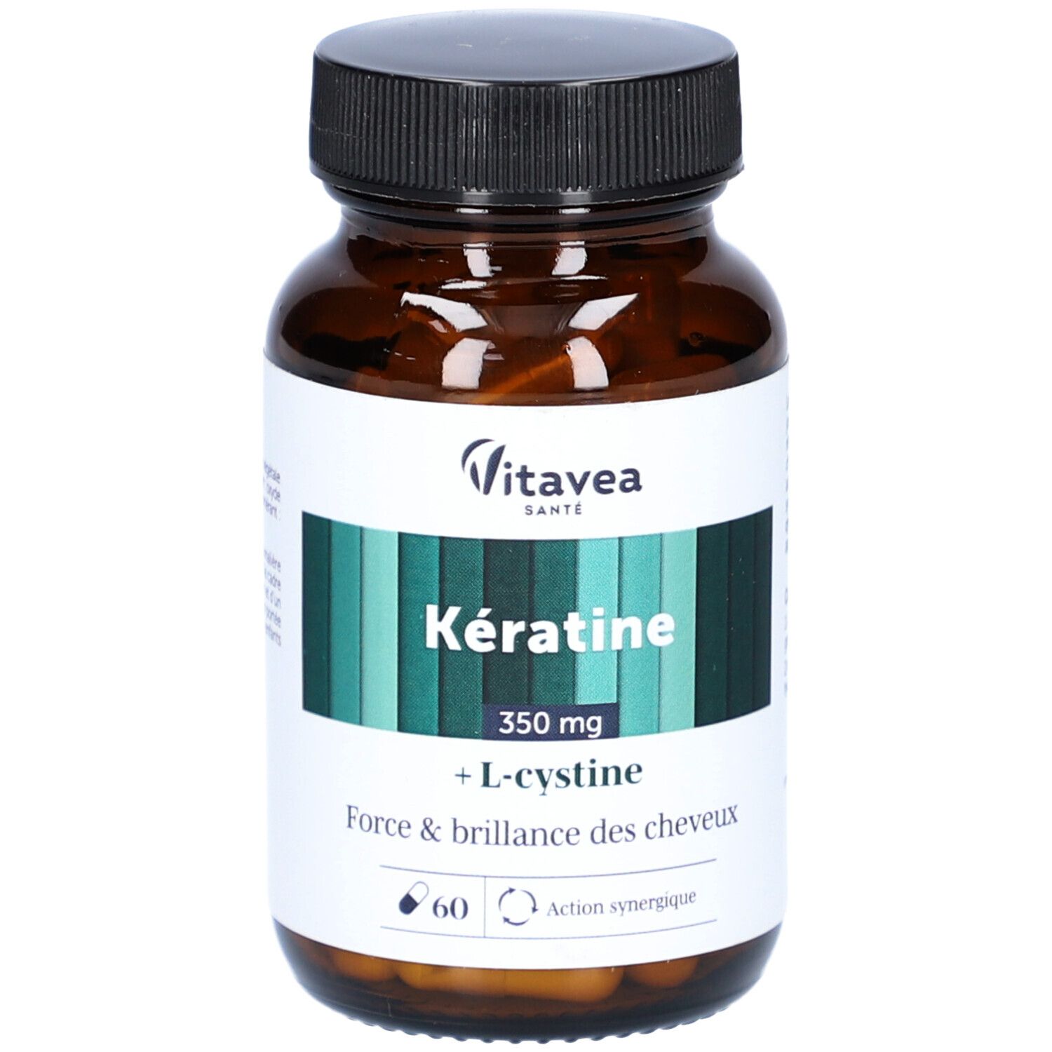 Flacon marron avec gélules. Inscription : Kératine, 350 mg, + L-cystine. Marque : VitaVea Santé.
