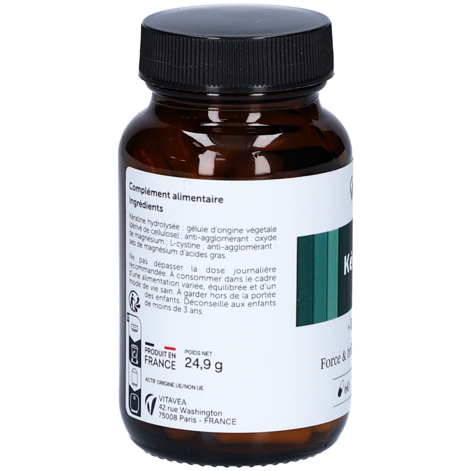 Flacon marron avec gélules. Inscription : Kératine, 350 mg, + L-cystine. Marque : VitaVea Santé.
