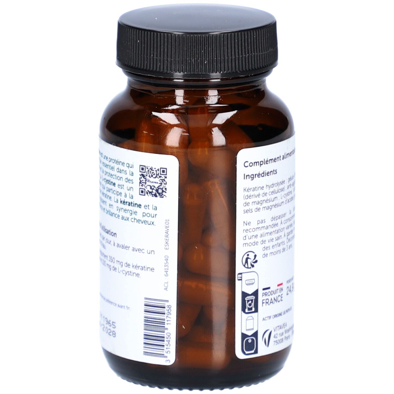Flacon marron avec gélules. Inscription : Kératine, 350 mg, + L-cystine. Marque : VitaVea Santé.