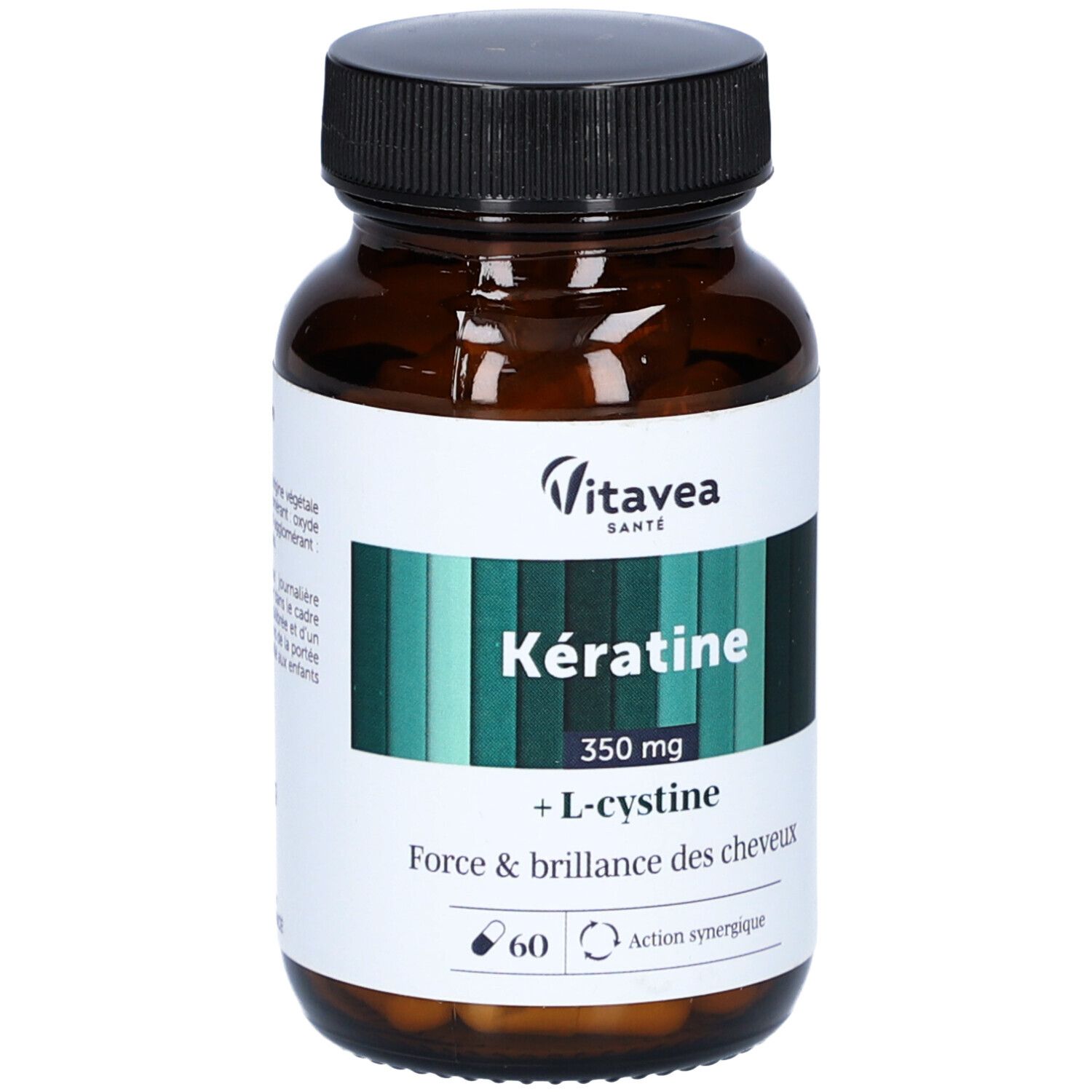 Flacon marron avec gélules. Inscription : Kératine, 350 mg, + L-cystine. Marque : VitaVea Santé.