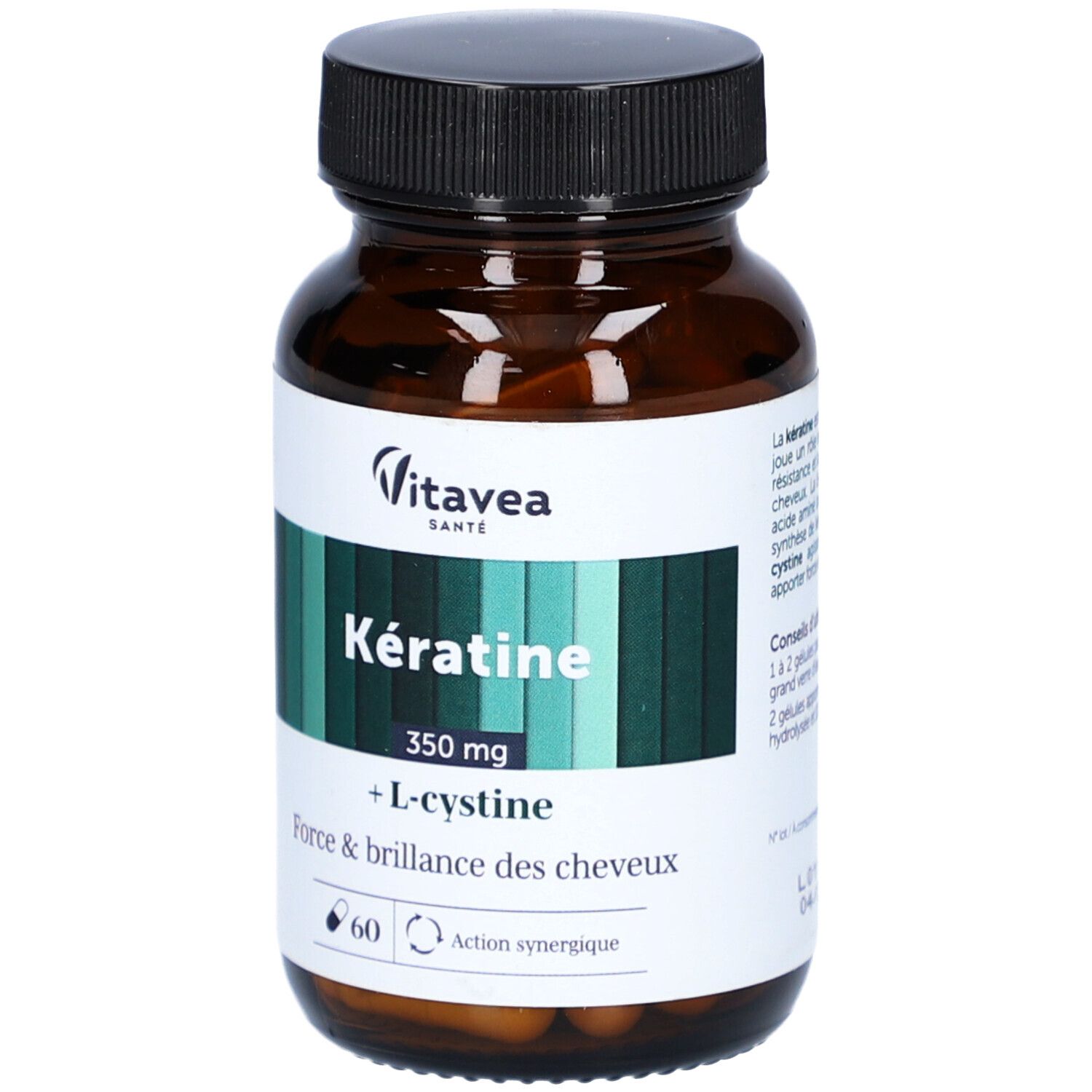 Flacon marron avec gélules. Inscription : Kératine, 350 mg, + L-cystine. Marque : VitaVea Santé.