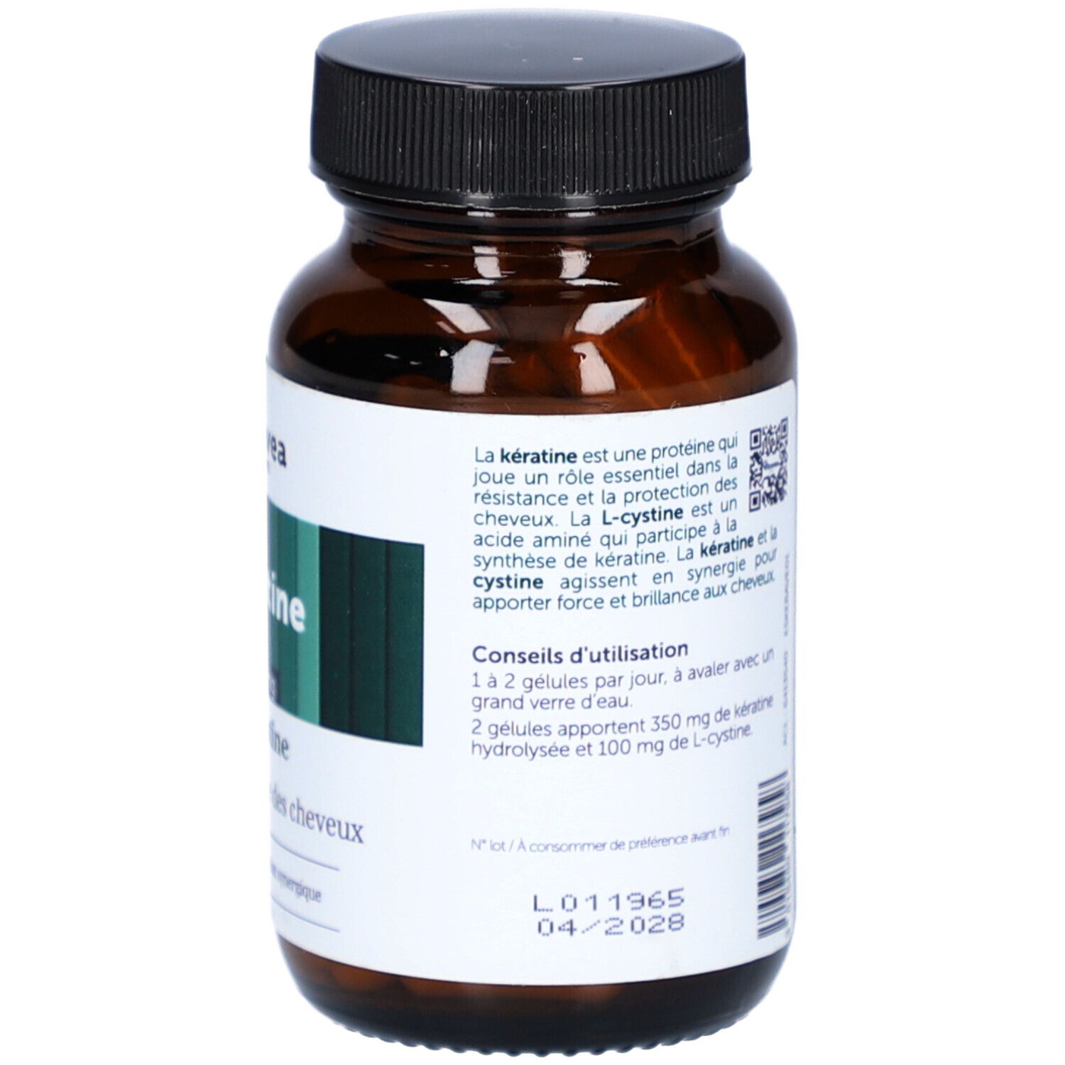 Flacon marron avec gélules. Inscription : Kératine, 350 mg, + L-cystine. Marque : VitaVea Santé.