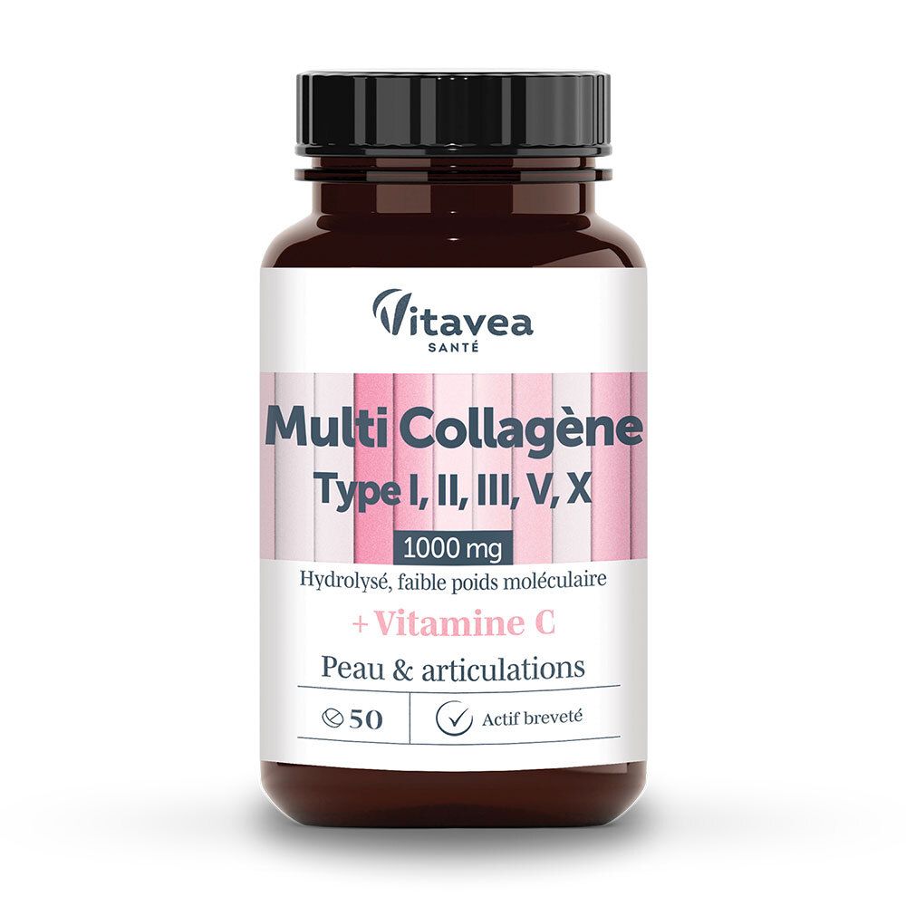 Flacon brun, bouchon noir. Inscription: Multi Collagène, Types I, II, III, V, X, 1000 mg, + Vitamine C. Marque: VitaVea.