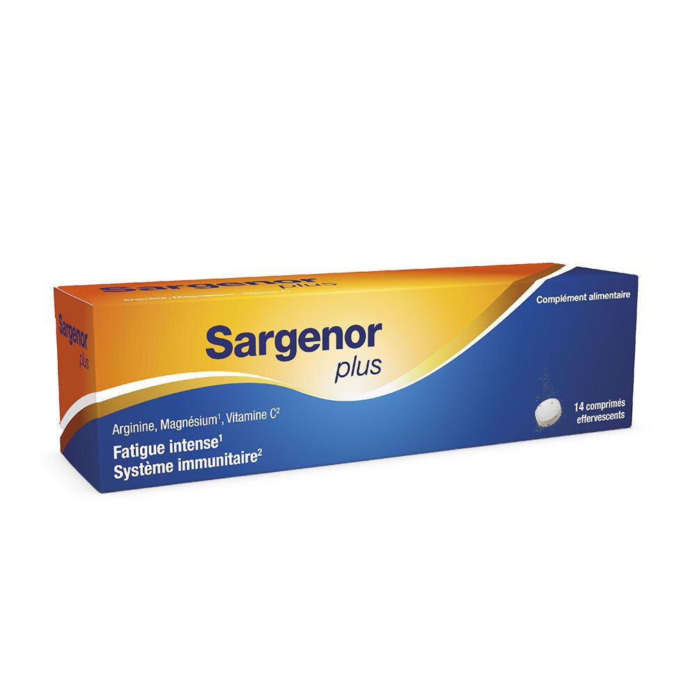 Boîte de SARGENOR plus. Emballage orange et bleu. Contient 14 comprimés effervescents.