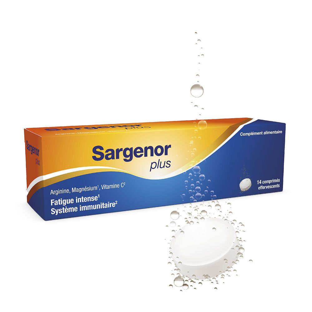 Boîte SARGENOR plus et comprimé effervescent. Emballage orange et bleu. Comprimé au premier plan.