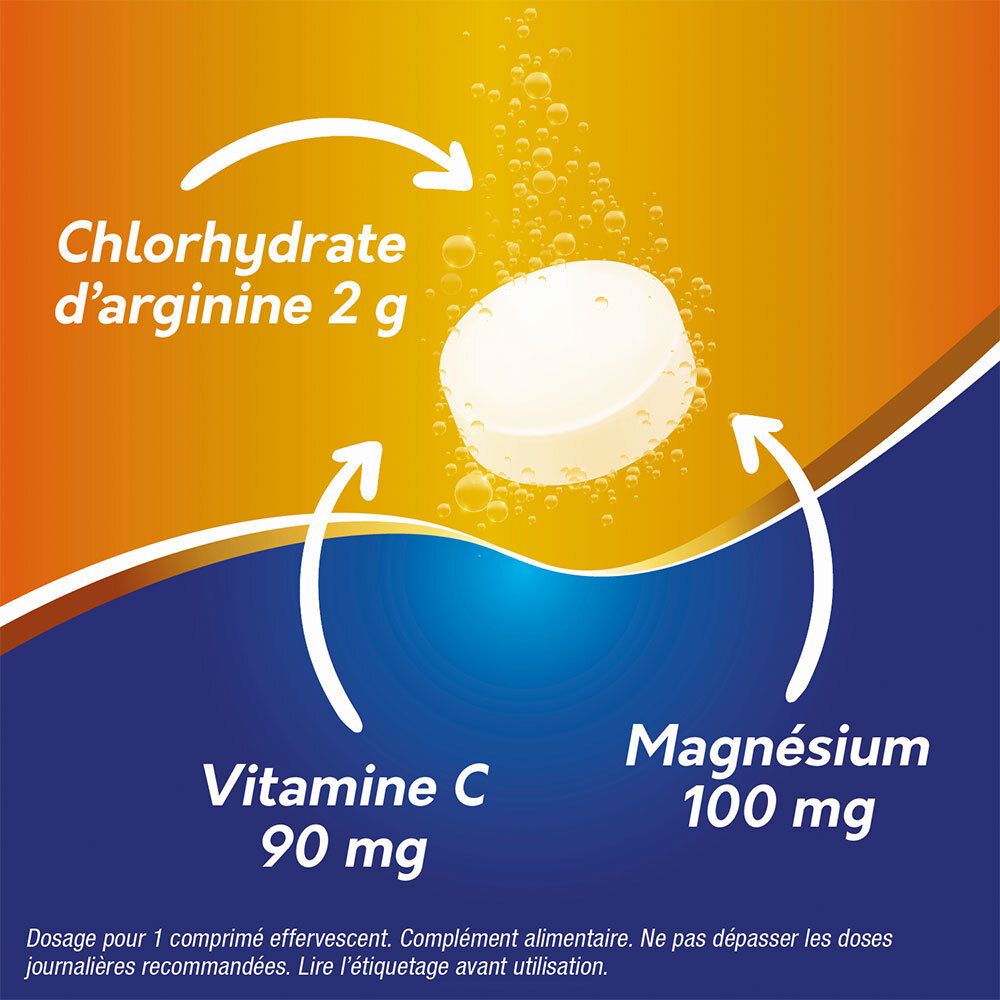 Comprimé effervescent avec indications des ingrédients: Vitamine C, Magnésium, Chlorhydrate d'arginine.