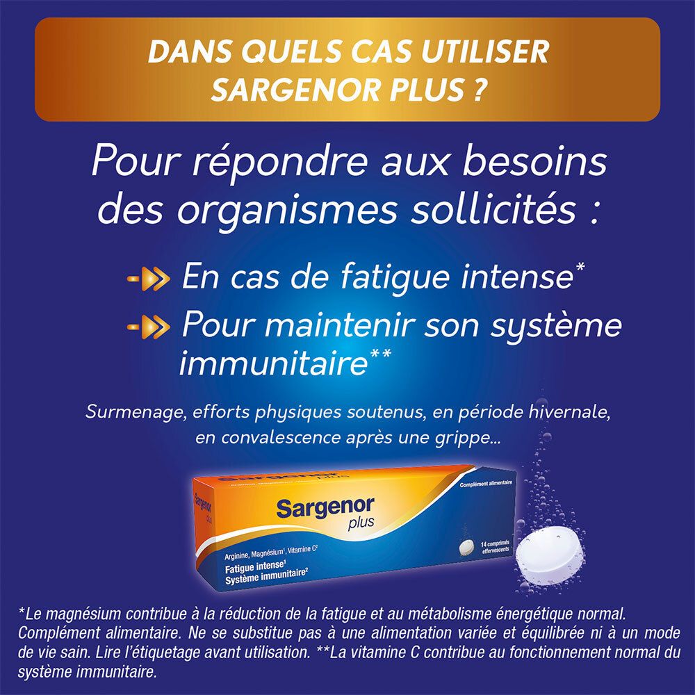 Texte avec cas d'utilisation de SARGENOR plus: fatigue, système immunitaire. Boîte en arrière-plan.
